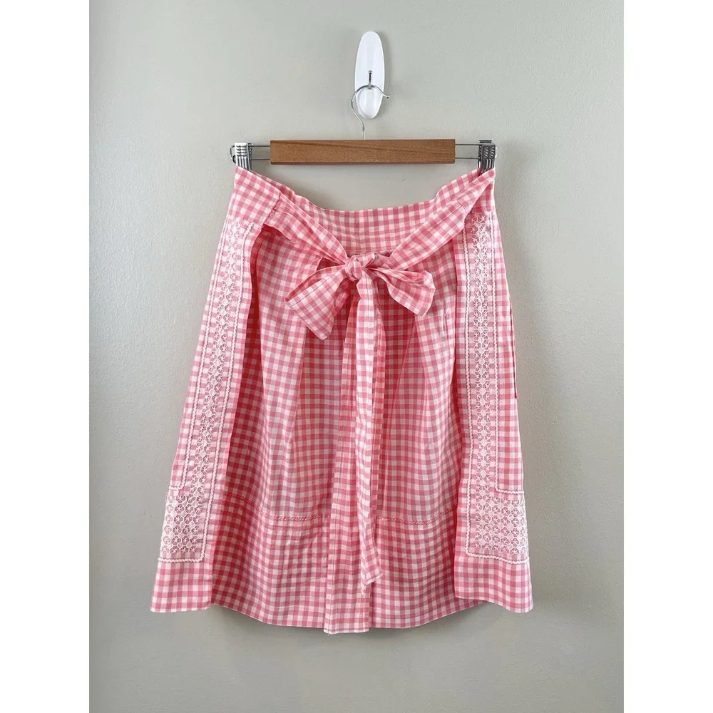 Half Apron Vtg Pink White Gingham Checkered Embroidery Farmhouse Pocket